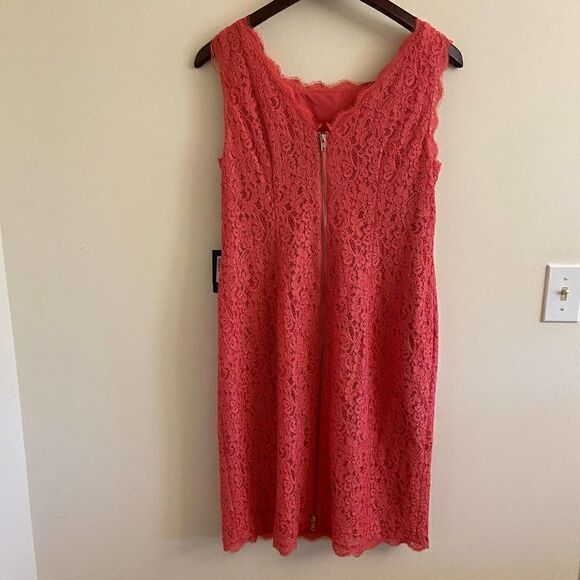 NEW Adrianna Papell Coral Pink Sleeveless Lace Sheath Dress Size 14W - Picture 2 of 4